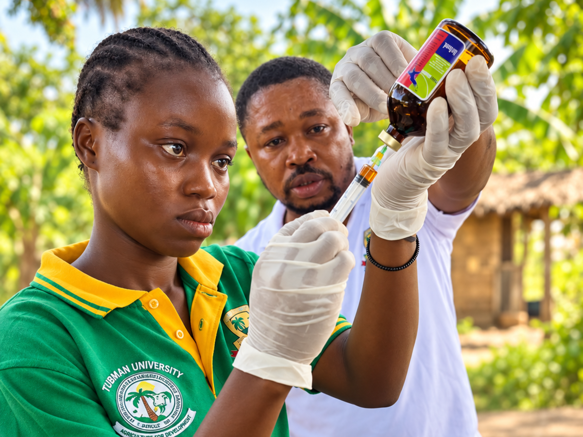 Students and a lecturer examining crops during a hands-on agricultural practical.
