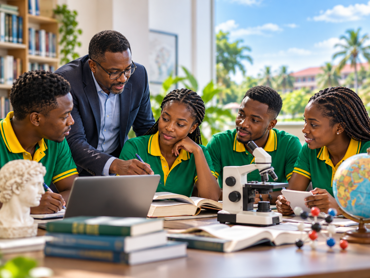 Students and a lecturer collaborating with books, scientific equipment, and learning materials.