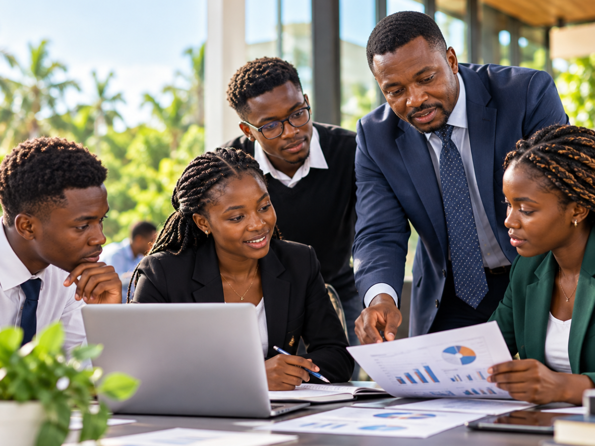 Business students and a lecturer reviewing charts and discussing a group project.