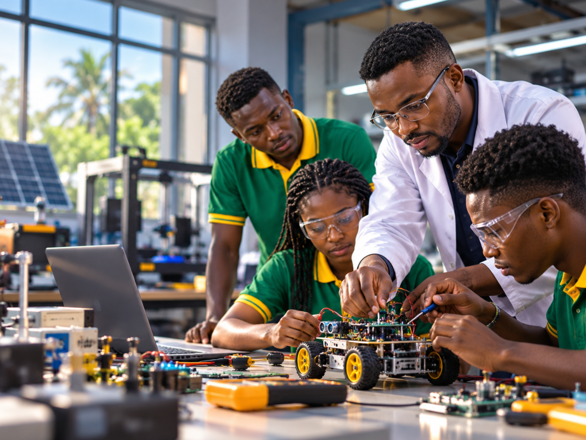 Engineering students working with an instructor on a robotics and electronics project.