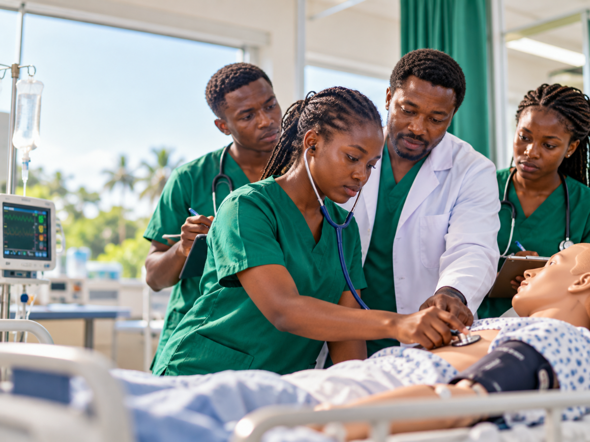 Health sciences students practicing clinical skills under the guidance of an instructor.