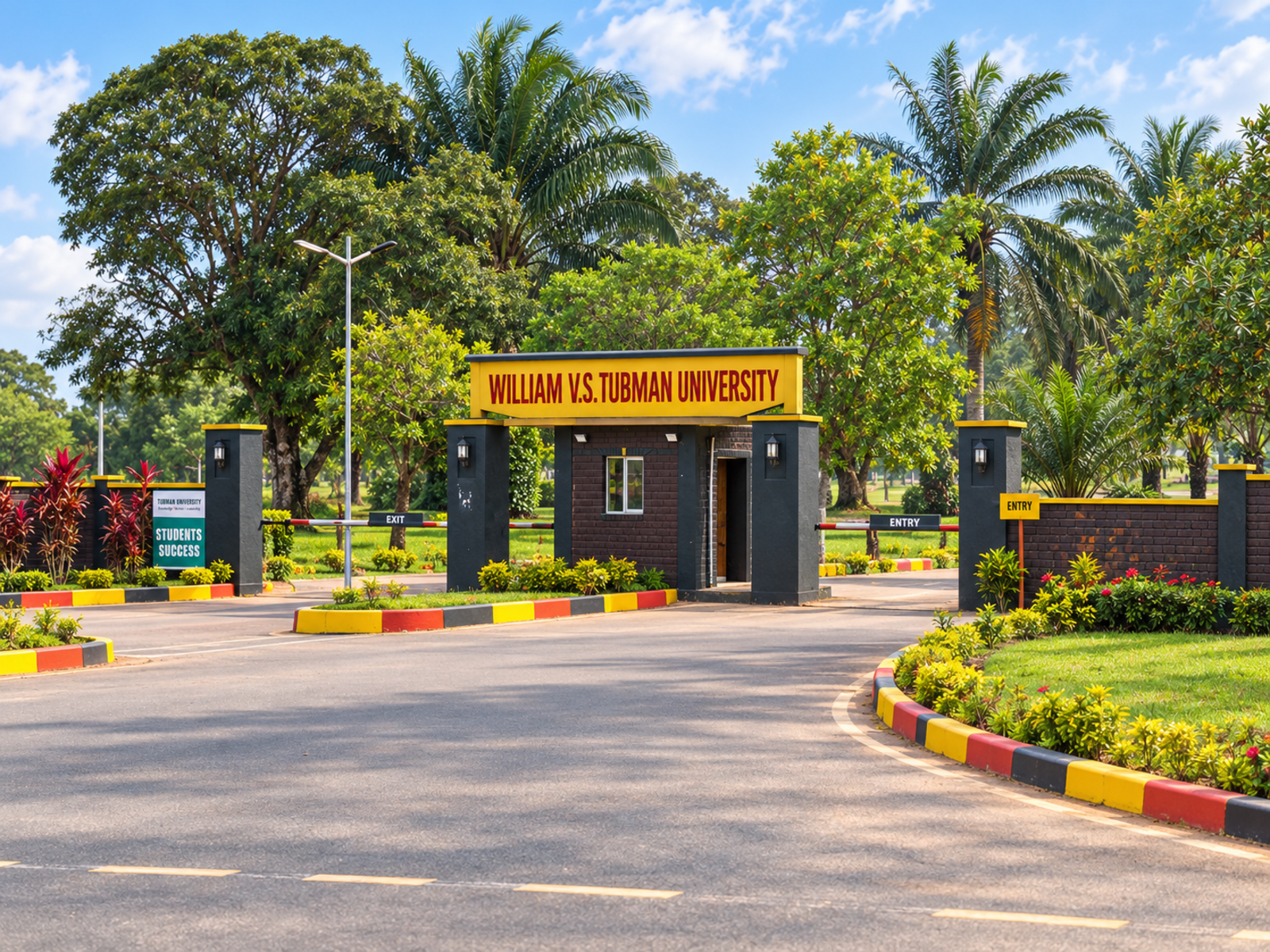 Main entrance of William V.S. Tubman University, showing the campus gate, security post, landscaped grounds, palm trees, and university entrance sign